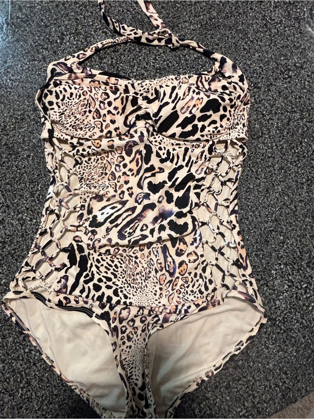 Ashley Graham Beige and Black Leopard-Print One-Piece Swimsuit